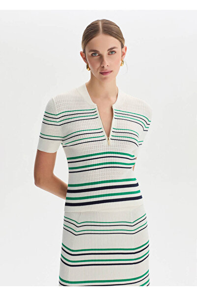 Knitss Yeşil Lacivert Çizgili Ekru Triko Üst