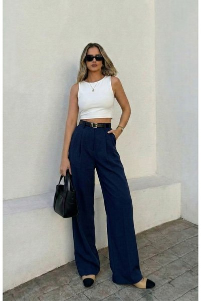 moda&stil lm ley moda Pantaloni plisați de damă Pantaloni din țesătură Palazzo cu talie înaltă