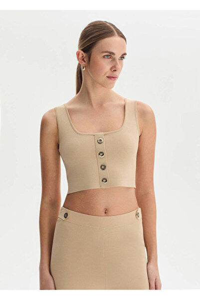 Knitss Bej Crop Triko Üst
