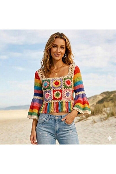 MEGA Megahan renkli bohem motifli el orgu baharlık, yazlik bluz s/m beden