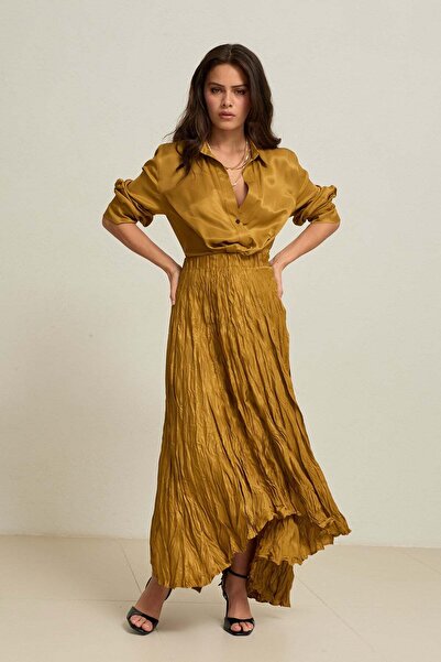 Setre Safran Belden Lastikli, Pilise Detaylı Midi Boy Rahat Kesim Etek