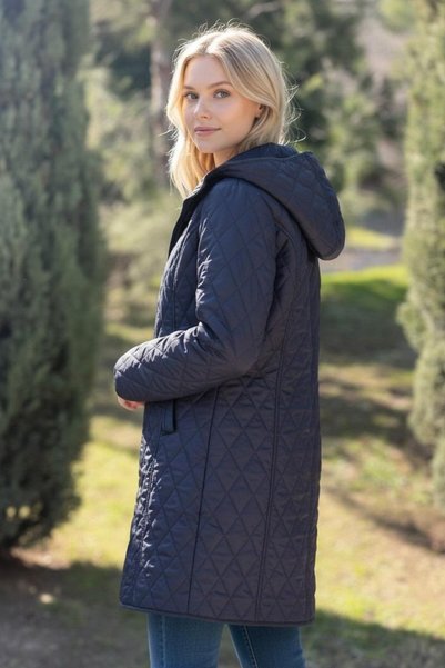 VETRE Women's Large Size Plaid 95 Cm Seasonal Navy Blue Quilted Coat 1040