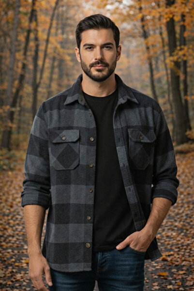 Le Marin Erkek Gri Siyah Oduncu Gömlek Cepli Kalın Kumaş