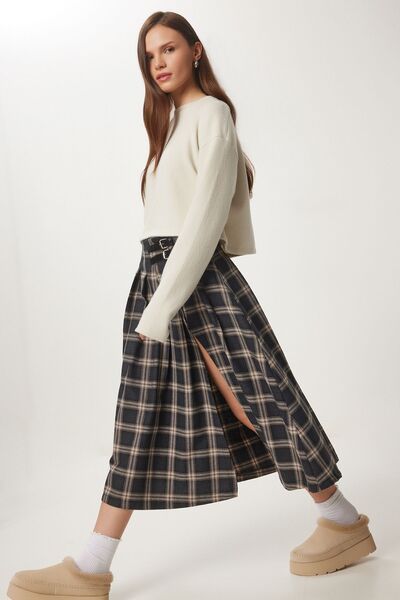 Hiccup ISTANBUL Fustă Lungă în Carouri cu Talie Înaltă și Detaliu cu Curea
