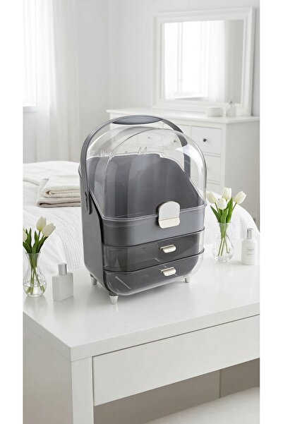 MAKRİ HOME Transparent Lid Makeup and Jewelry Organizer, with Drawers, Gray, ...
