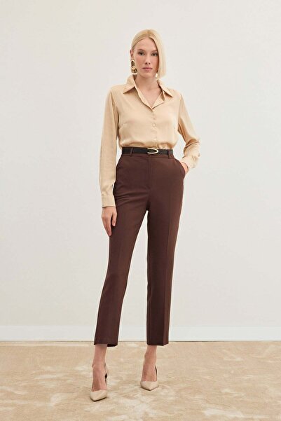 Sateen Kemerli Pantolon - Kahve