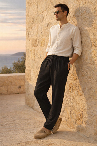 Valiberta بنطلون رجالي فضفاض من الموسلين خفيف ومريح - أسود