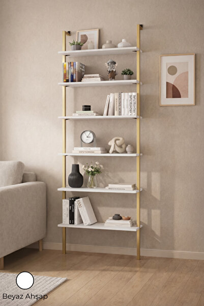Bookshelf, 6 Shelves ,Gold Metal, Modern Decorative Wall Mounted Shelf, Bookcase, White Wood