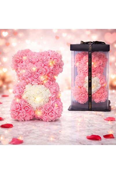 velve Ursulet floral 25 cm, cu LED-uri luminoase, trandafiri spuma cu inima a...