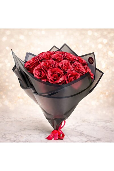 velve Buchet Glitter Roses cu 19 trandafiri rosii decorativi, buchet premium ...