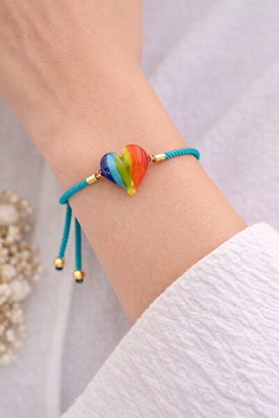 ADAMODART Rainbow Heart Murano Glass Beaded Adjustable String Bracelet