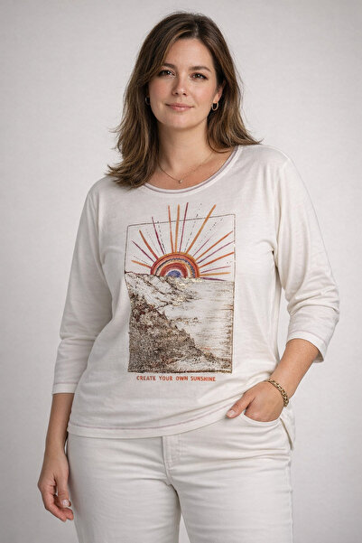 NAİMİ Pamuk Kadın T-shirt Baskılı Beyaz