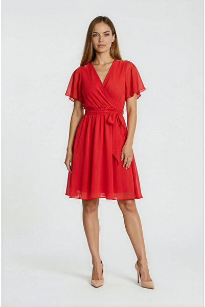 Spazio Leonello Kruvaze Şifon Elbise KIRMIZI