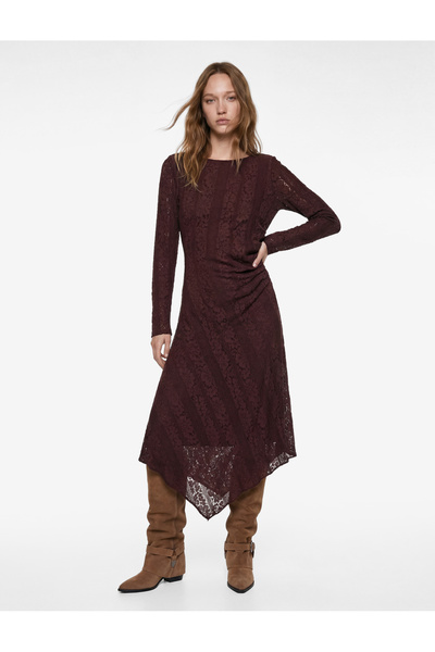 Koton Uzun Kollu Bisiklet Yaka Drapeli Asimetrik Midi Dantel Elbise