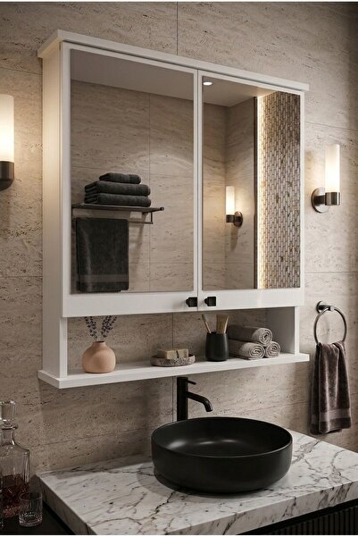 Orysa Design AD-3 Raflı Banyo Dolabı, 2 Kapaklı Lavabo Üstü Aynalı Banyo Dola...