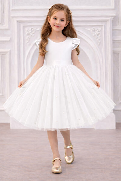 NSMLİFE Fata Copii Alb Fundita Detaliata Perla Rochie de petrecere de anivers...
