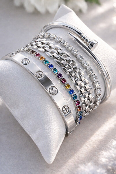 Crc Bijuteri سوار نسائي فضي اللون مكون من 5 قطع