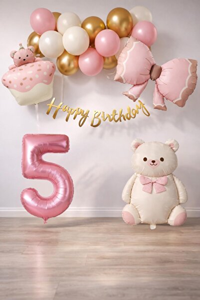 Patladı Gitti Retro 5 Yaş Ayıcık Temalı  Kız Bebek Konsept Doğum Günü Seti