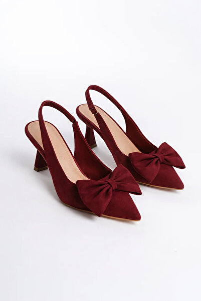 zaınexpress Women's Bowknot Evening Dress Burgundy Fabric Heeled Shoes 7cm Heel