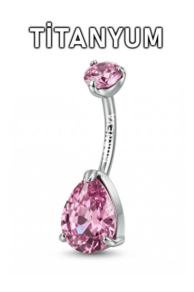 MORNEVA Titanyum Pembe Kristal Damla Taşlı Minimal Göbek Belly Piercingi