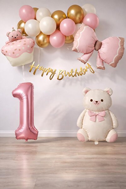 Patladı Gitti Ρετρό σετ γενεθλίων με θέμα Teddy Bear 1 έτους Baby Girl Concept