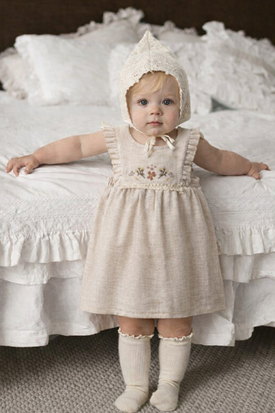 ALAMODECOR %100 Pamuk Keten Çiçek İşlemeli Kız Bebek Elbisesi