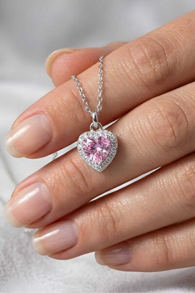 Nuvor Silver 925 Ayar Gümüş Pembe Kalp Zirkon Taşlı Işıltılı Kolye