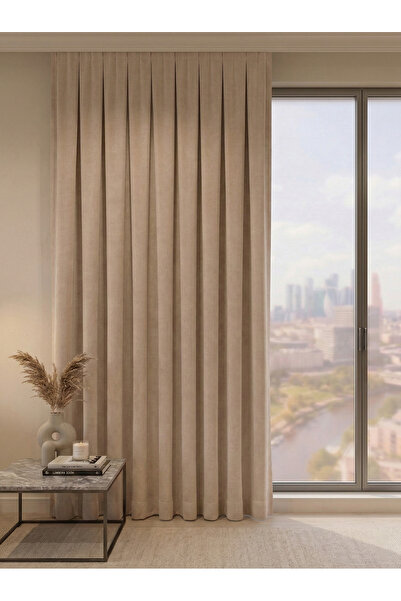 Bercem Home Κουρτίνα φόντου με βελούδινη υφή και πιέτες - Γαλακτόκαφε - Πυκνέ...