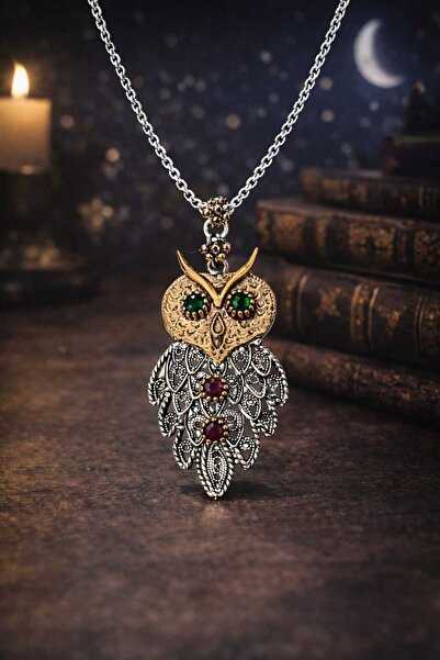 ErdoğanSilver 925 Ayar Gümüş Telkari Baykuş Figürlü Doğal Taşlı Kolye Ucu – E...