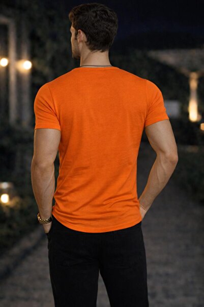 BYBÜLENT Men's Slim Fit Lycra T-Shirt - Oval Collar, Orange, Vr051