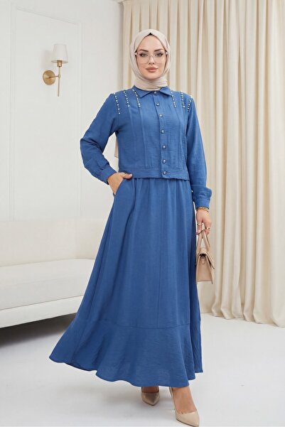 HİJABAYA Σετ λινό με μπουφάν με κουμπιά και φούστα με πέτρες στους ώμους