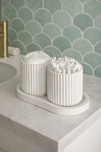 MİSSEHOME Decorative Plate Set of 2 Concrete Cotton Swab Organizer Bathroom Set