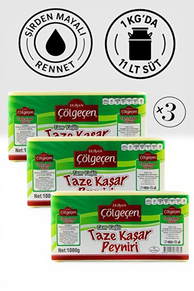 Çölgeçen TAM YAĞLI TAZE KAŞAR PEYNİRİ 3 KG (3 Adet 1000Gr) Az Tuzlu, Eriyince...