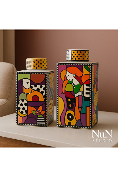 EVSA DEKORATİF 2’li Fransız Rustik Renkli Desenli Seramik Vazo & Küp