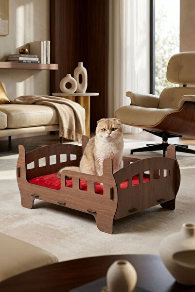 Evene Büyük Kedi Yatağı Dekoratif Ahşap Dayanıklı Ceviz Renk Beşik Karyola Model
