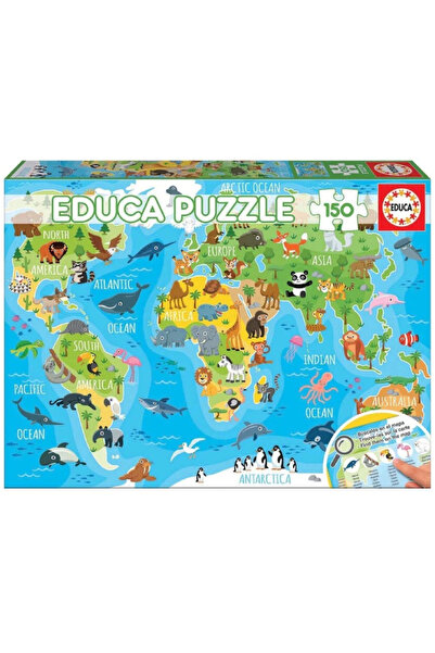 EDUCA Puzzle cu hartă a lumii și animale, 150 de piese (018115)