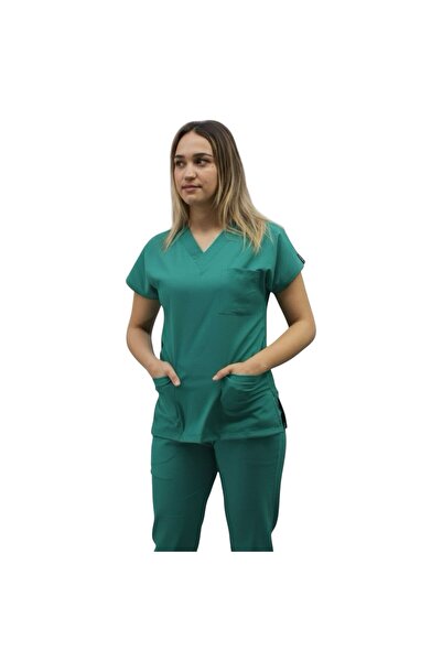 onora Unisex Soft Likra Yeşil Hemşire ve Doktor Üniforması ,Tek Üst Scrubs Ün...