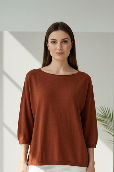 Bİ.GİYSEN Women's Cinnamon Color Boat Neck Stretch Fabric %100 Cotton Yarn in...