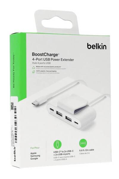 Belkin Prelungitor de alimentare USB cu 4 porturi 2xC 2xA până la 30W, alb