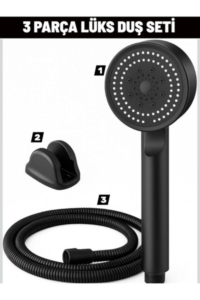 Mayaglory Paris Siyah Duş Başlığı Siyah Yapışkanlı Mafsal Siyah Hortum Duş Seti