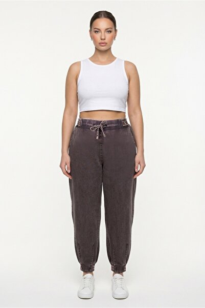 EXİTLİNE Women's Brown Summer Pants with Ribbed Accessories and Wide-Leg Wais...