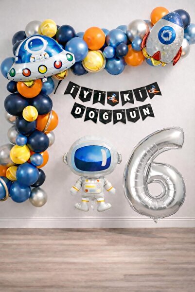 Patladı Gitti Uzay Temalı Doğum Günü Seti 6 Yaş; 4 Adet Folyo, 56 Lateks Balo...