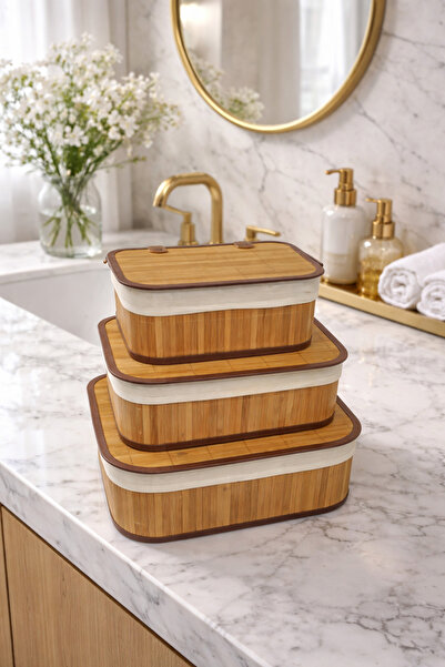 Tuğrastore سلة تخزين ومنظم من الخيزران مكونة من 3 قطع مع غطاء مقاس 36 × 26 × ...