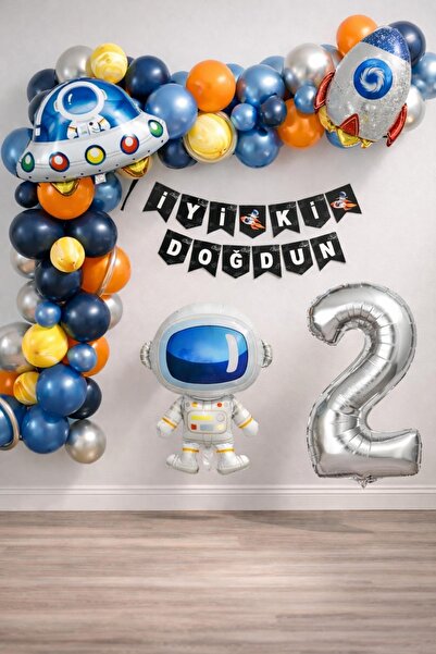 Patladı Gitti Uzay Temalı Doğum Günü Seti 2 Yaş; 4 Adet Folyo, 60 Lateks Balo...