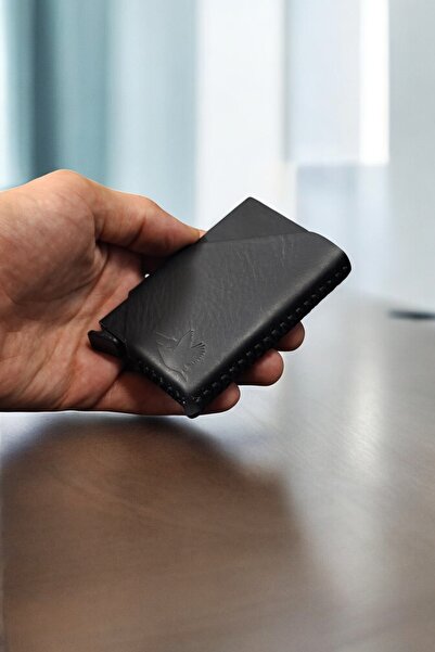 MAT Deri آلية حركة سوداء جلد أصلي حامل بطاقات مصنوعة يدويًا حامل بطاقات