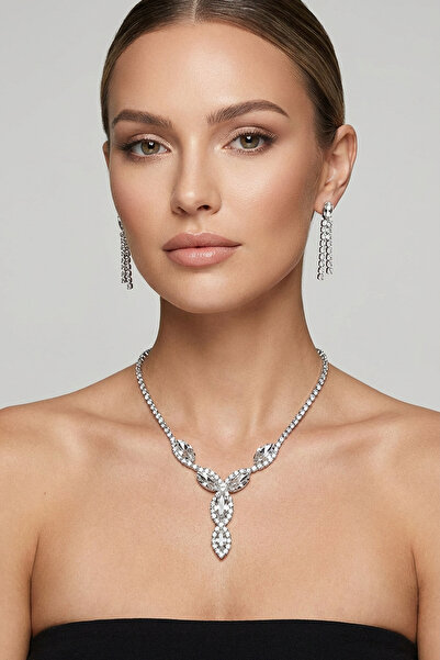 Valmont Damla Taşlı Su Yolu Kolye ve Küpe Takı Seti - Düğün, Kına, Nişan, Gel...