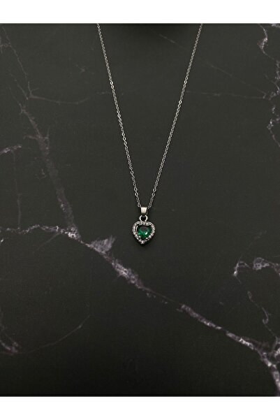 focusbella Palanmaz Çelik Gümüş Renk Taşlı Zümrüt Yeşil Kolye