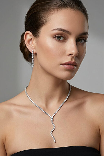 Valmont Taşlı Su Yolu Kolye ve Küpe Takı Seti - Düğün, Kına, Nişan, Gelin Aks...