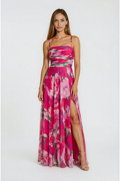 Spazio Safina İnce Askılı Göğüs Piliseli Straplez Yırtmaçlı Uzun Abiye Elbise...