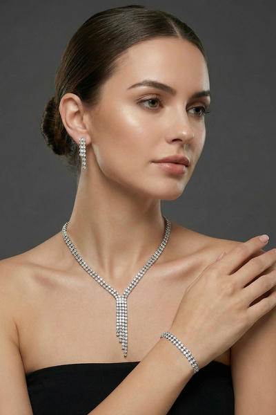 Valmont Sıra Taşlı 3lü Su Yolu Kolye, Küpe ve Bileklik Seti - Düğün, Kına, Ni...